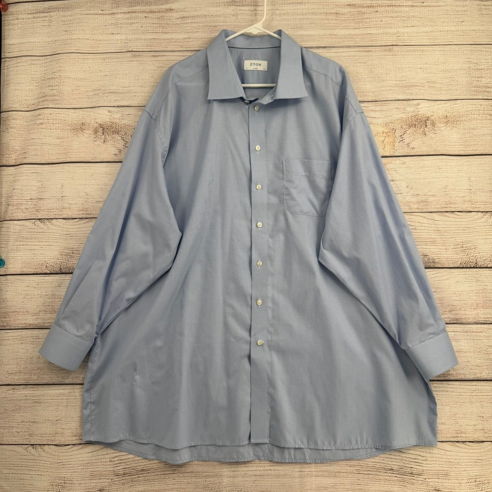 Eton Dress Shirt Men 20 Light Blue Classic Fit Micro Houndstooth Long Sleeve